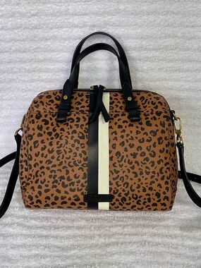 NWOT FOSSIL Sydney Satchel Handbag Purse Black White Tan Cheetah w/Stripe